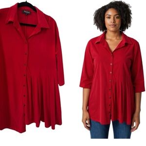 Red Coral Red Button-Down Women's Shirt with pleats